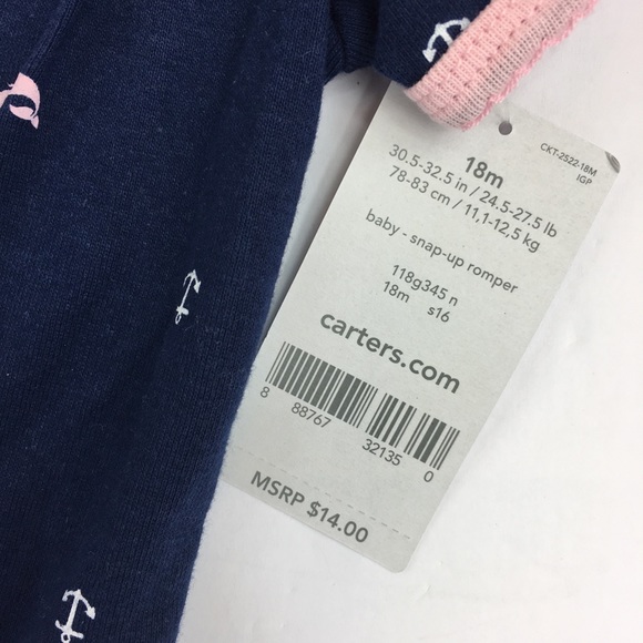 NWT Carter’s Navy & Pink Romper w/Whales & Anchors - Picture 4 of 7